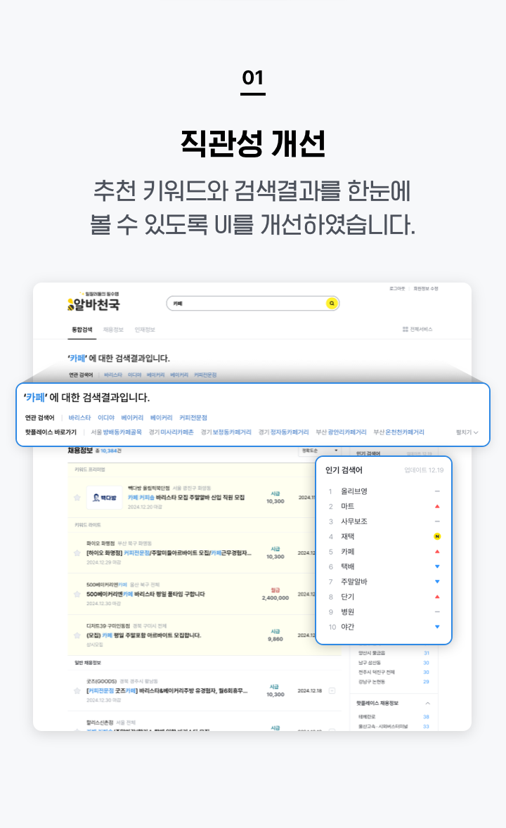 직관성 개선 추천 키워드와 검색 결과를 한 눈에 볼 수 있도록 UI를 개선 하였습니다.