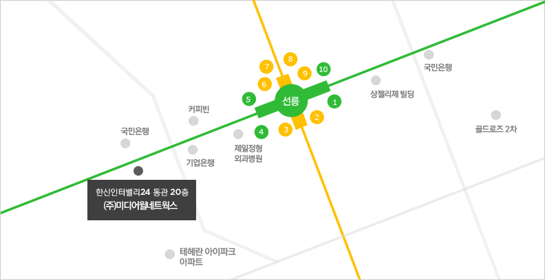 선릉역 4번출구 도보 2분 한신인터밸리24 동관20층 (주)미디어윌네트웍스